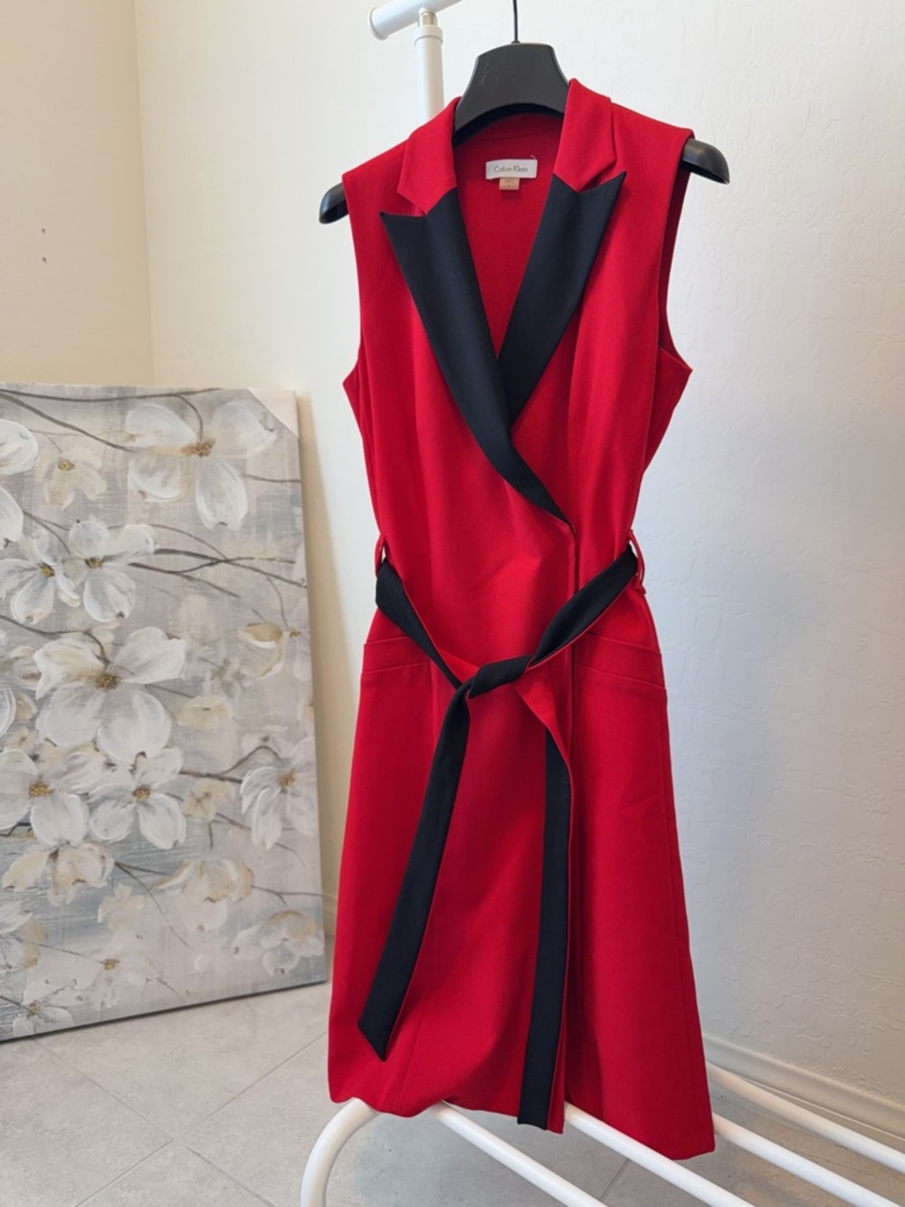 Calvin Klein Red Sleeveless Wrap Dress with Black Trim and Belt